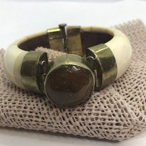 AGATE GEMSTONE Bone with‎ BRASS ACCENT HINGED PIN BANGLE BRACELET